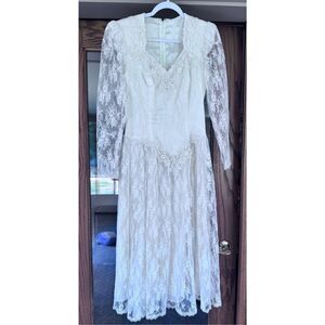 Vintage Wedding Formal Ivory Cream Beaded Lace Overlay Long Sheer Sleeve MIDI Dr